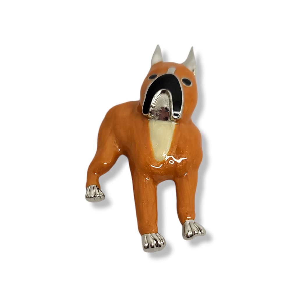 3d Tan And Black Enamel Boxer Dog Silvertone Dog Brooch Pin